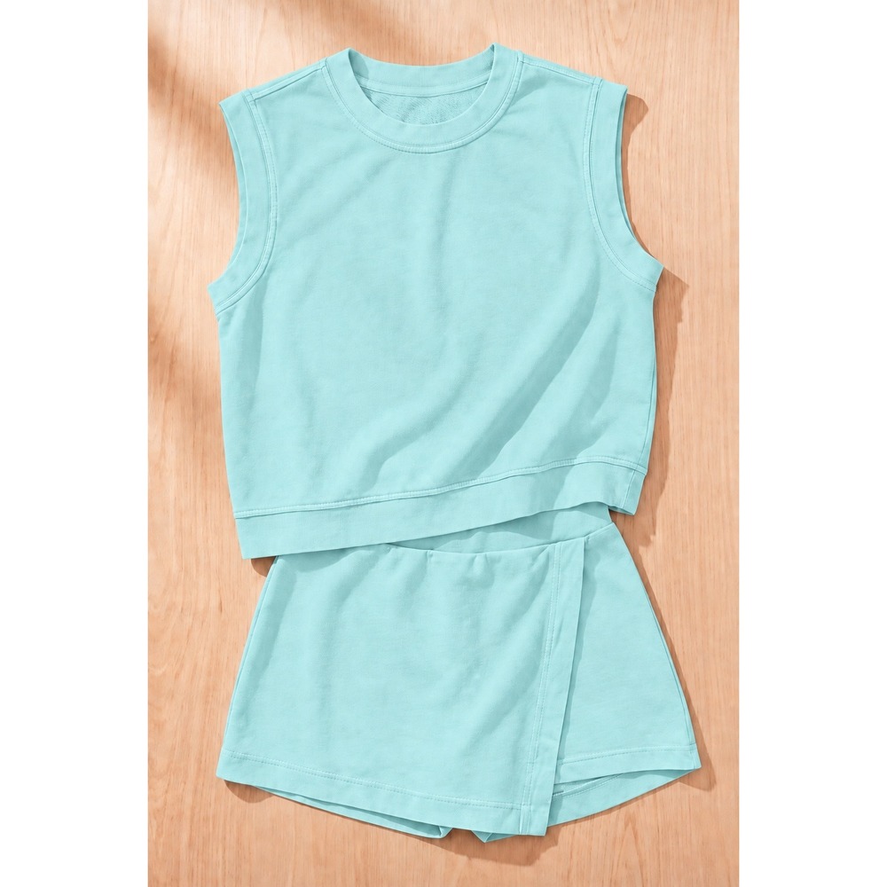 Women's 2 Piece Mineral Wash Sleeveless Tank Skort Set Teal Lounge Athletic XL